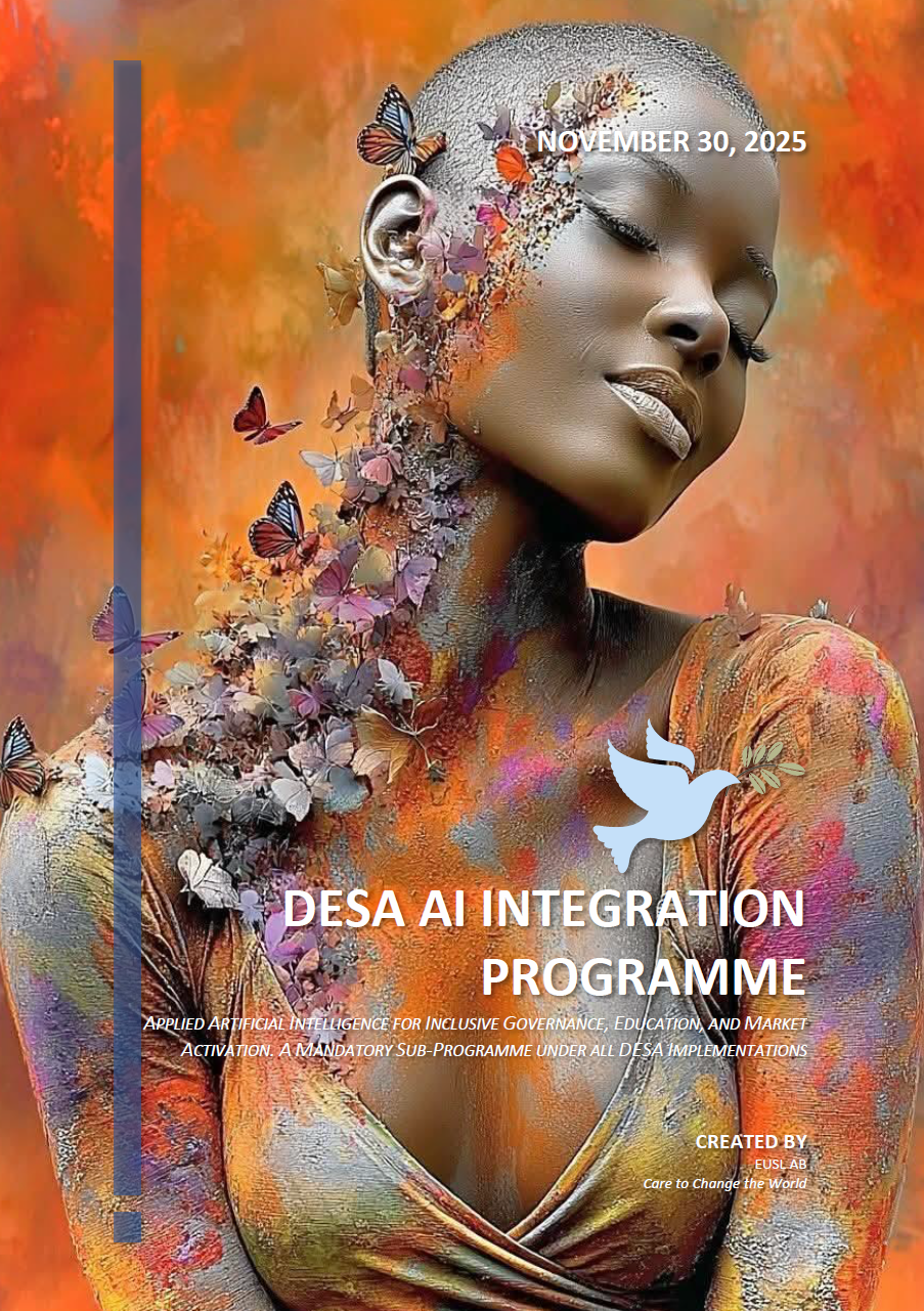 Cover page for DAIP – DESA AI Integration Program PDF, detailing applied AI frameworks for governance, education, and market systems.
