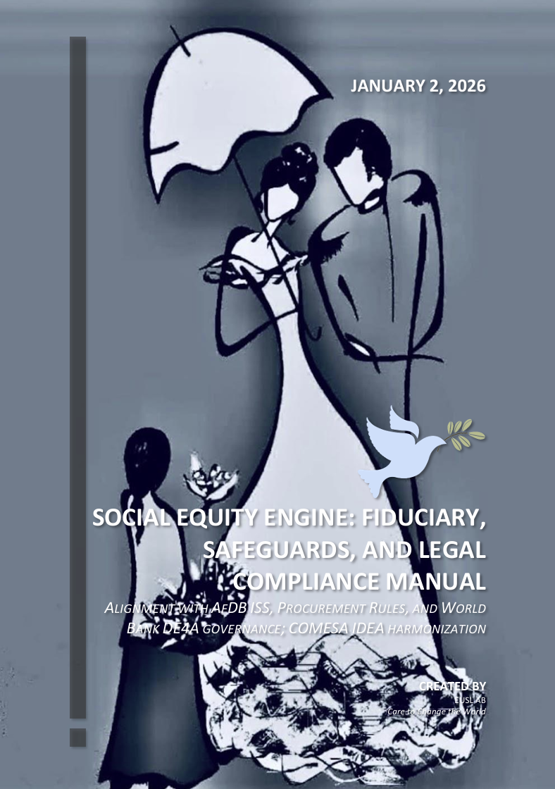 Codifies alignment with AfDB ISS, UNCITRAL procurement, OCDS transparency, and DE4A governance to guarantee lawful financing and auditability.